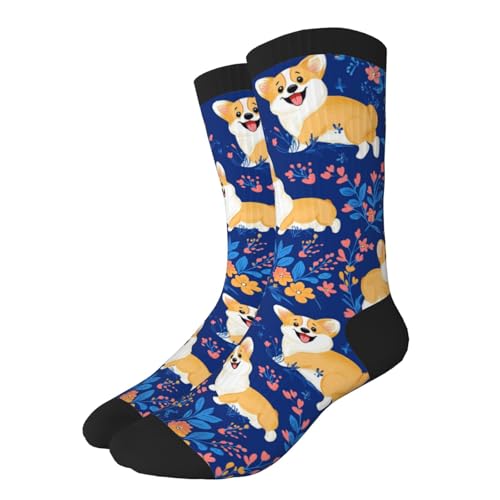 Calcetines A Media Corgis Con Flores Silvestres Y Hojas Crew Socks Duraderos Medias De Tubo Medio Hombres Y Mujeres Calcetines De Trabajo Para Deportivos Running Ciclismo 40Cm
