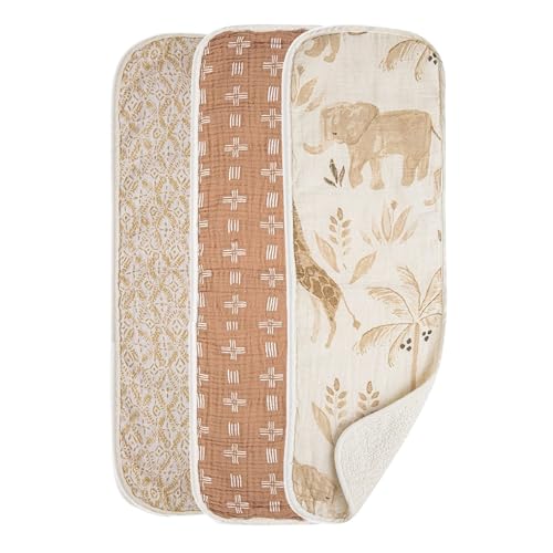 Crane Baby Muslin Baby Burp Cloths Set of 3, Safari Animal Print, 100% Cotton, Absorbent, Lightweight, 7