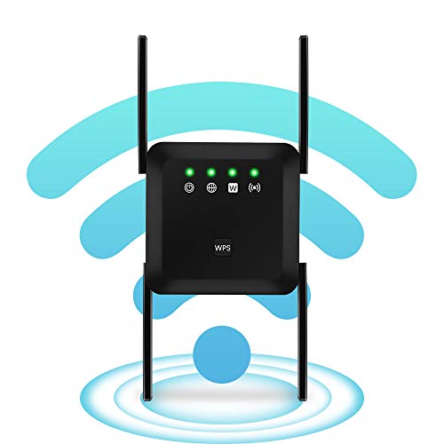 WiFi Range Extender 1200Mbps Wireless Signal Repeater Booster, Dual Band Expander, 4 Antennas 360° Full Coverage, Extend WiFi Signal to Smart Home & Alexa Devices