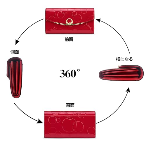 Wallet Women's Genuine Leather Long Three Fold Wallet Bright Leather Large Capacity Buckle, Circled Embossed Pattern, RFID and Magnetic Anti Theft (Red)4