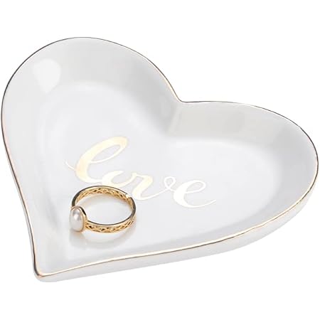 Engagement Wedding Ring Dish for Newlyweds, Heart Shaped Home Decor with Golden Edge Words (Love), Ceramic Jewelry Holder Trays-Sweet Gift for Mother Girls Women, White.