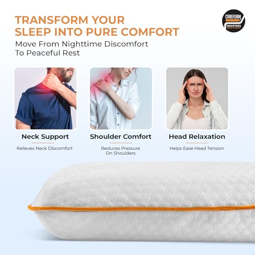 Image of CareFoam Memory Foam Pillow for Neck Pain Relief | Gel Infused Cooling Bed Pillow | Orthopedic Cervical Pillow for Back, Side & Stomach Sleepers | Soft & Supportive Washable Cover