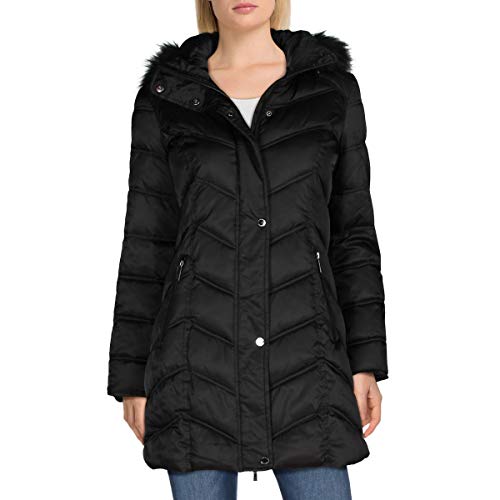 Kenneth Cole New York Chevron Quilted Puffer w/Faux Fur Trimmed Hood Black LG