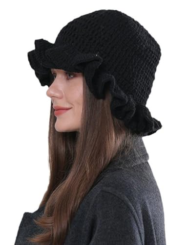 Crochet Bucket Hat Beanie Knit Hat Y2K Skull Cap for Woman Handmade Foldable Floppy Cap Fall Winter Floral Hat Black
