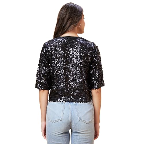 Image of Globus Women Black Embellished Round Neck Party Top-3639444001