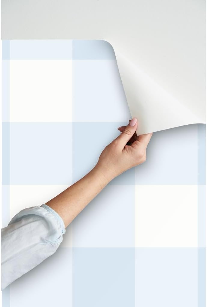 Peel & Stick Wallpaper Swatch - Blue Gingham Check Large Scale Classic Buffalo Plaid 6 Inch Powdery French Country Cottagecore Custom Removable Wallpaper by Spoonflower