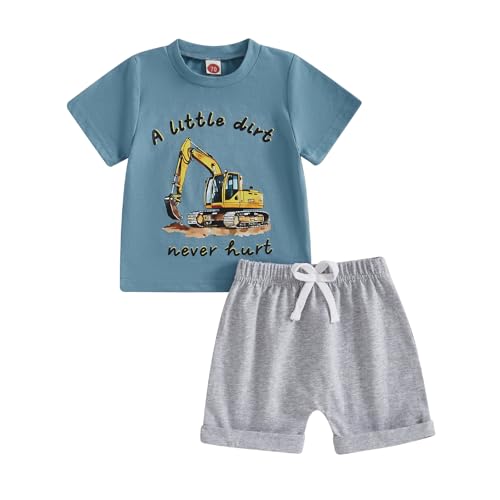 Toddler Baby Boy Summer Tractor Clothes A Little Dirt Letter Short Sleeve Shirt Top Jogger Shorts 2Pcs Farm Outfit (GRAY, 18-24 Months)