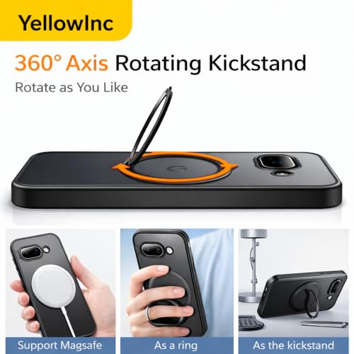 Image of Frosted Black Case for Google Pixel 10A, 360 Magentic Stand, Aero-Space Grade Protection Cover (Black Rotating Stand, Google Pixel 10a)