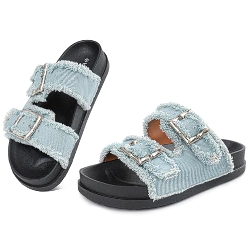 Image of Platform Sandals Women,Womens Sandals-Studded Silde Sandals-Double Buckle Adjustable-Beach Sandals for Women-Flat Sandals Summer Vacation