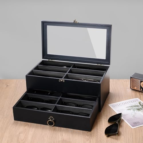 Image of Wooden Sunglasses Storage Organizer, 12 Slots Sunglasses Organizer Case for Multiple Pairs, Eyeglasses Display Case for Gift, Holder Watches Jewelry Collection for Men Women, Black