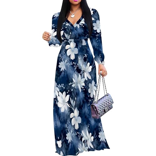 Image of PinkPatty Plus Size Dresses for Curvy Women V Neck Flowy Long Sleeves Wrap Maxi Dress Travel Vacation Outfits