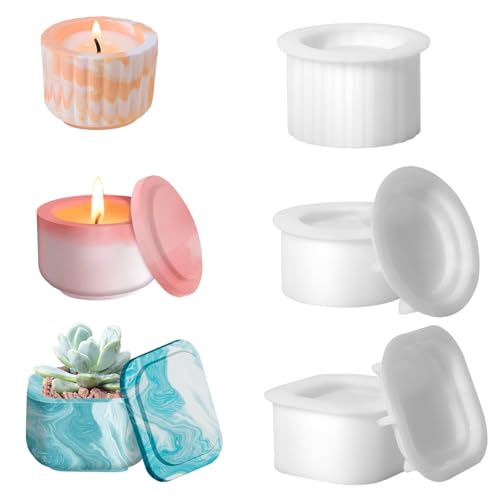 Votoko 3 moldes de silicona para velas, portavelas con tapa, forma de fundición, portavelas redondo, cuadrado, molde para velas de té, jarrón de hormigón, recipiente de almacenamiento, yeso de
