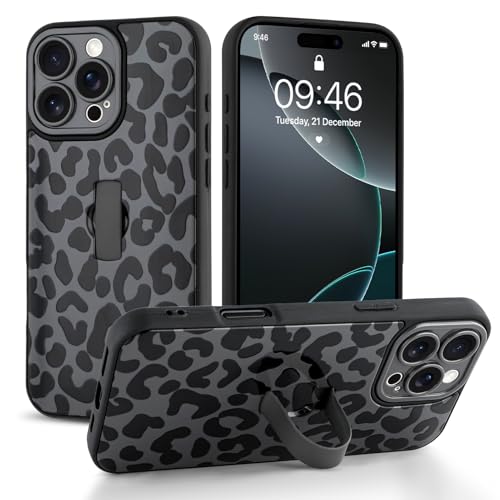 Jefonha Compatible with iPhone 16 Pro Max Case with Finger Hand Strap Kickstand Trendy Cool Leopard Cheetah Print Phone Case for Women Men Full Camera Protection Shockproof Protective Cover Black