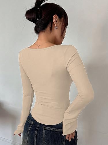 Image of Sugathari Women's Black Solid Long Sleeve Wrap-Style Square Split Crew Neck Bodycon Women T-Shirt Spring and Summer Top, Minimalist and Fashionable for Everyday Casual Wear Tops (T-Shirt 181)