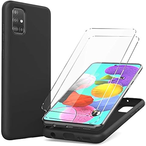 Oududianzi Liquid Silicone Case Compatible with Samsung Galaxy A51 + [2 x Tempered Glass Screen Protectors] Liquid Silicone Slim Gel Rubber Case, Scratch-Resistant Shockproof Protective Case - Black Cover