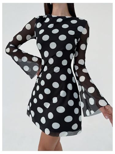 Image of GORGLITTER Women's Bell Long Sleeve Mini Dress Y2k Fall 2025 Mesh Boat Neck Going Out Club Bodycon Short Dress