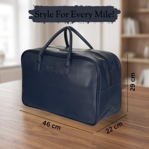 Image of Nautica Unisex 30L Travel Duffle Bag | Premium PU Vegan Leather with Twin Grab Handles for Men & Women | Spacious Main Compartment with Organised Pockets for Weekend Travel Trips | Navy Blue