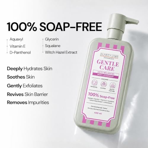 Image of Gentle Daily Body Cleanser, Soap-Free pH 5.5 Body Wash with Aloe Vera, Colloidal Oatmeal, Allantoin & Panthenol | For Normal, Oily, Combination & Sensitive Skin | Sulphate Free, Fragrance Free Body Wash for Men, Women, Boys, Girls & Teens | 400ml | Clarity Labs