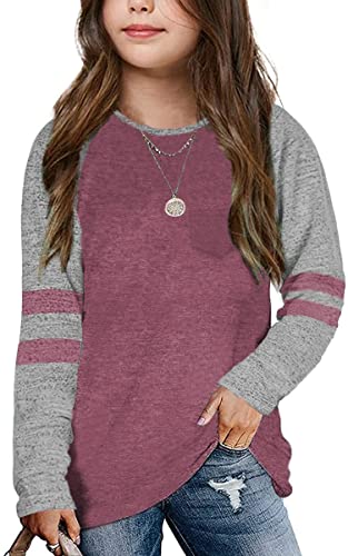 Girls Shirts for 6-13 Years Long Sleeve Raglan Crewneck Tops with Pocket