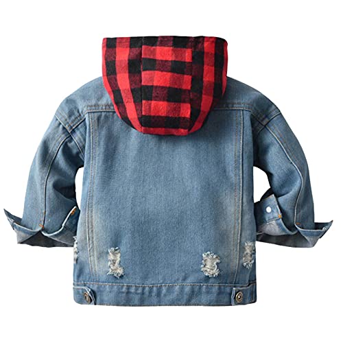 Girls Boys Plaid Hoodie Ripped Denim Jackets Button Down Casual Coat Outerwear with Pockets for Autumn2