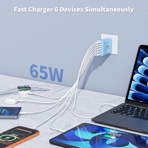 Image of 3Pack 65W USB C Charger Block,Apple USB C Charging Block 6-Port GaN Charger | PD Power Adapter+QC Wall Plug Multiport Type C Box Brick for iPhone 17 17Air 16 15 14 13 12 11 Pro Max XS,iPad,AirPods,Blue