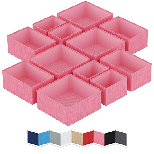 NEATERIZE Drawer Organizer - [Set Of 12] - Closet Organizer and Storage Baskets| Foldable Cloth Drawers Divider | Fabric Bin For Dresser & Shelves |Organize Underwear, Socks, Bra, & Tie’s (Pink)