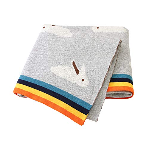 Image of mimixiong 100% Cotton Baby Blanket Knitted Toddler Blanket Soft Cute with Cute Bunny Size 30 x 40 inches Grey