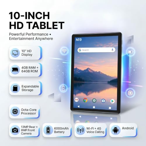 Image of IKALL N19 4G Calling Tablet, 10 Inch Display, 4GB RAM + 64GB Storage (Expandable) | Android Tablet with Octa-Core Processor, 13MP Rear Camera + 8MP Front Camera, 6000mAh Battery, WiFi, Dual SIM | Grey