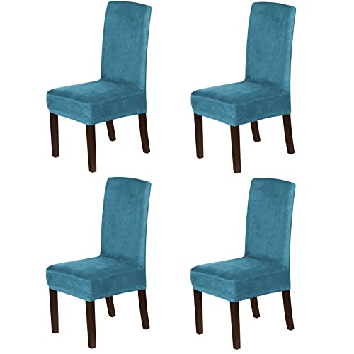 Fundas para sillas de comedor de terciopelo azul pavo real, fundas elásticas suaves y elásticas con respaldo alto, protector lavable y extraíble para comedor, juego de 4 unidades estilo gamuza