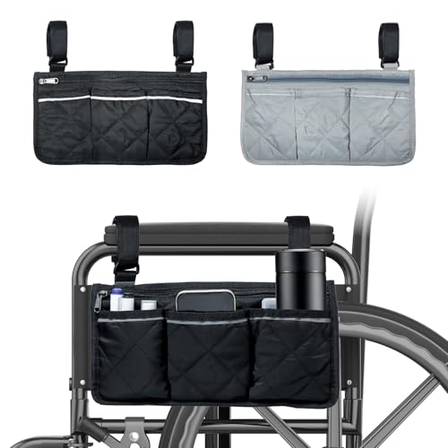 2 Pack Wheelchair Side Bag, Armrest Pouch with Reflective Stripe, Detachable Rollator Bag Wheelchair Pouch Side Pocket Organizer Bags for Wheelchairs, Walkers or Rollators (Black Gray)