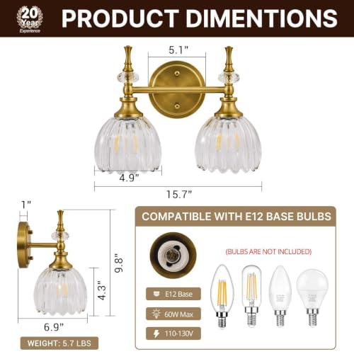 Image of ANDY STAR 2-Light Brushed Gold Bathroom Vanity Light, Transitional Sconce | Ribbed Glass & Crystal Accent, Damp-Resistant, Ceramic E12 Base, Reversible Up /Down Mounting