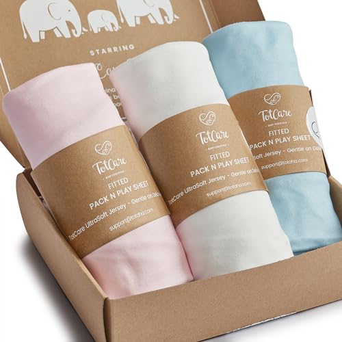 Image of TotCare Graco Pack and Play Sheets Fitted – Compatible with Graco Pack n Play Playard and Other 27 x 39 Inch Playpen Mattress, Buttery Soft Jersey Playard Sheets, Blue Pink Cloud, 3 Pack