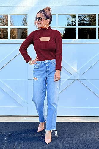 Image of PRETTYGARDEN Women's 2025 Fashion Fall Clothes 2 Piece Cutout Tops Long Sleeve Mock Neck Rib Knit Winter Pullover Sweater (Wine Red,Small)