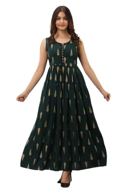 Image of Women's Rayon Printed Anarkali Kurti Set with Pant & Dupatta | Regular Fit Ethnic Suit Set for Women Flared Anarkali Kurta with Matching Bottom & Dupatta Casual Green, XX-Large