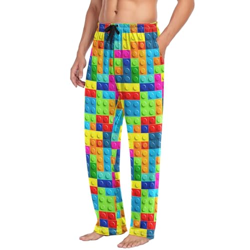 Colorful Toy Building Blocks Pattern Men's Pajama Pants Soft Lounge Lightweight with Drawstring and Pockets4
