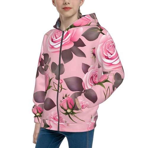Pretty Pink Roses Print Girls Athletic Zip Up Hoodies,Sweatshirts with Pockets Long Sleeve Hooded Jackets, for 7-18 Y