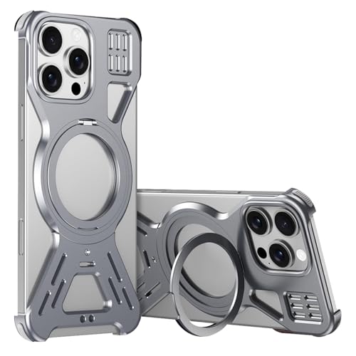 For IPhone 17 Pro Max/17 Pro/17 Air/17用ケース、ワイヤレス充電対応放熱キックスタンドカバー付きメタルシェル(グレー,17 Air)