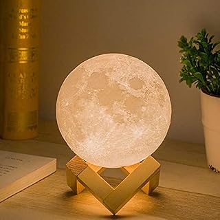 Methun 3D Moon Lamp with 4.7 Inch Wooden Base - LED Night Light, Mood Lighting with Touch Control Brightness for Home Décor, Bedroom, Gifts Kids Women Christmas New Year Birthday - White & Yellow