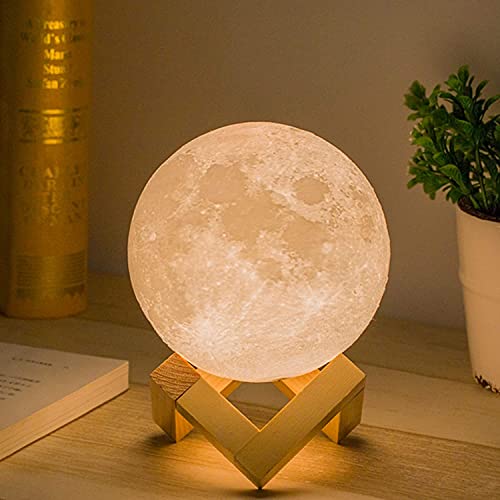 Mydethun Moon Lamp - Home Décor, Moon Light With Brightness Control, Led Night Light, Bedroom, Living Room, Bathroom, Mothers Day Gift, Women Kids Birthday Gift, Wooden Base, 4.7", White & Yellow #TOP5