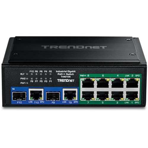 Image of TRENDnet 10-Port Industrial Gigabit 400W PoE++ DIN-Rail Switch, TI-BG108, 8 x Gigabit PoE++ Ports, 2 x Gigabit Shared Ports (RJ-45 / SFP), 20Gbps, 400W (Renewed)