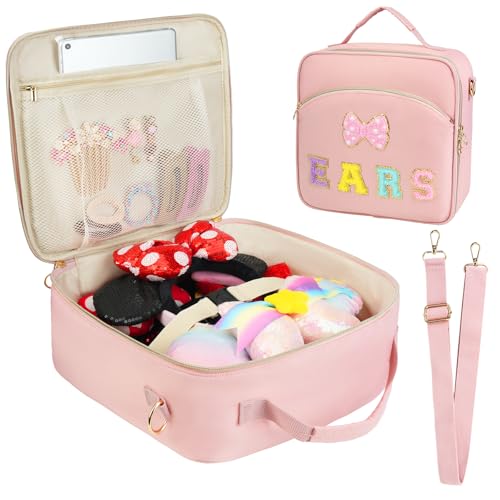 Estojo de viagem com orelhas de rato com letras de chenille, suporte de faixa de cabeça de parque, organizador de acessórios de cabelo para meninas, crianças, mulheres e adultos, rosa