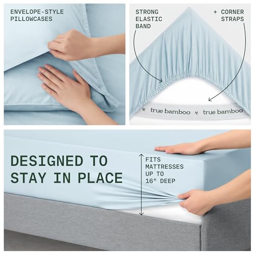 Image of TRUE BAMBOO Sheets Set California King Size - Silky Soft Luxe 4 Piece Bed Sheets with Breathable & Moisture-Wicking Fabric - 16 inch Deep Pocket with Corner Straps