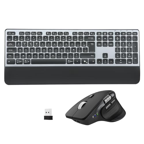 CITLLA Clavier Souris sans Fil Rétroéclairé Rechargeable Ergonomique, Réglable Support et Repose-Poignets,4 Niveaux DPI Hyper-Rapide Défilement Souris silencieuse pour Ordinateur Bureau PC Laptop