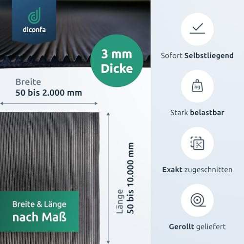 diconfa Feinriefenmatte Gummimatte 3mm stark - BREITE 0,1m bis 2m - LÄNGE 0,05m bis 10m - Auswahl 0,5m x 1m (500mm x 1000mm) - Feinriefe Gummi Antirutsch Rillenmatte Meterware rutschfest