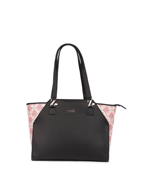 Image of ZOUK Printed Jute Handcrafted Vegan Leather Black Women's Check-point Friendly Classic Business Bag