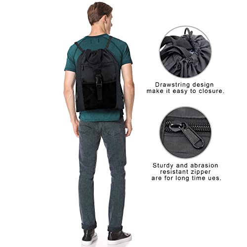 Beegreen Black Gym Bag Drawstring Backpack X-Large 18.5" X 15" Sports Bag With Inner Zipper Pocket For Men Women Waterproof Cinch Bag Sackpack W Mesh & Zipper Pocket Beach Backpack #TOP4