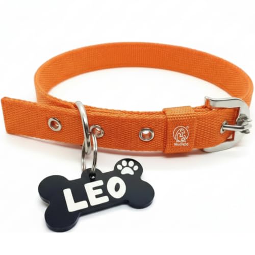 Image of Pawpro Personalized Black Dog Collar Nylon Belt with Customizable Bone Shape Dog Name Tag Soft Comfy Pet Collar for Small Medium Large Dogs (Sunset Orange, Large)