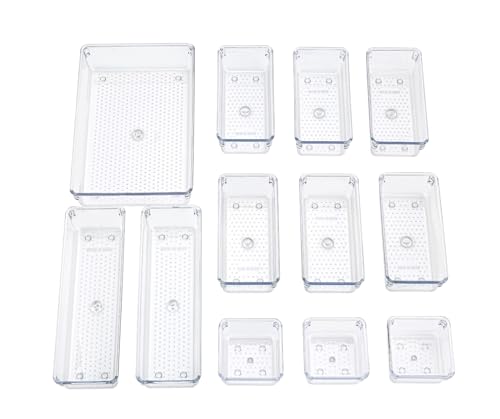 Image of UCRAVO 12Pcs Plastic Clear Drawer Organizers Set, Makeup Organizer 5-Size Containers, Bathroom and Vanity Organizer Trays, Drawer Divider for Makeup Jewelries Office Bathroom and Kitchen Utensils