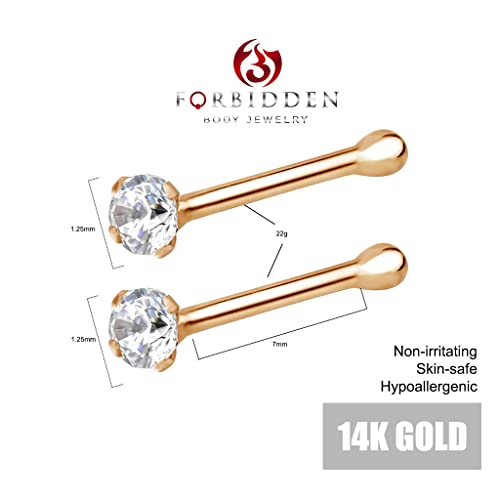 Forbidden Body Jewelry FBJ 14k Nose Ring, 22g, Solid 7mm Micro Stud, 2mm CZ Simulated Diamond, Non-Irritating Skin Safe Real Gold, Women/Men (Sold Individually)2