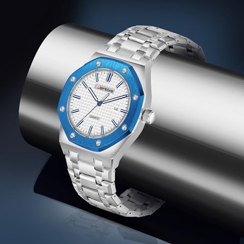 Image of Portive Quartz Watch for Men, Silver Stainless Steel Bracelet, Black Dial, Date Display, Octagonal Case